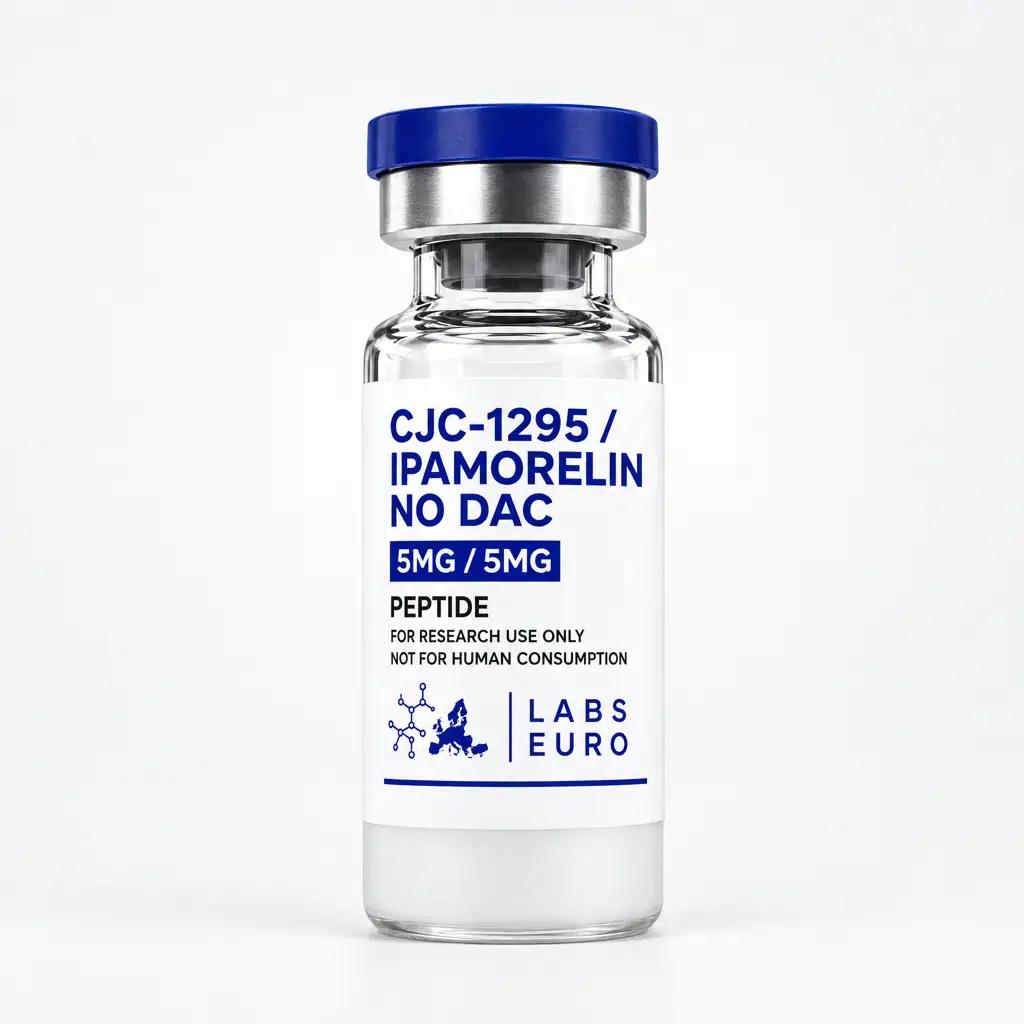 CJC-1295 No DAC + Ipamorelin: Illustrative labelled single vial; the kit contains ten unlabelled vials