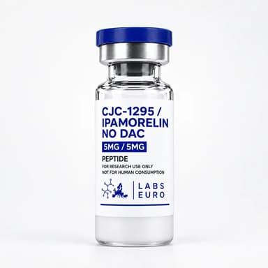 CJC-1295 No DAC + Ipamorelin: Illustrative labelled single vial; the kit contains ten unlabelled vials